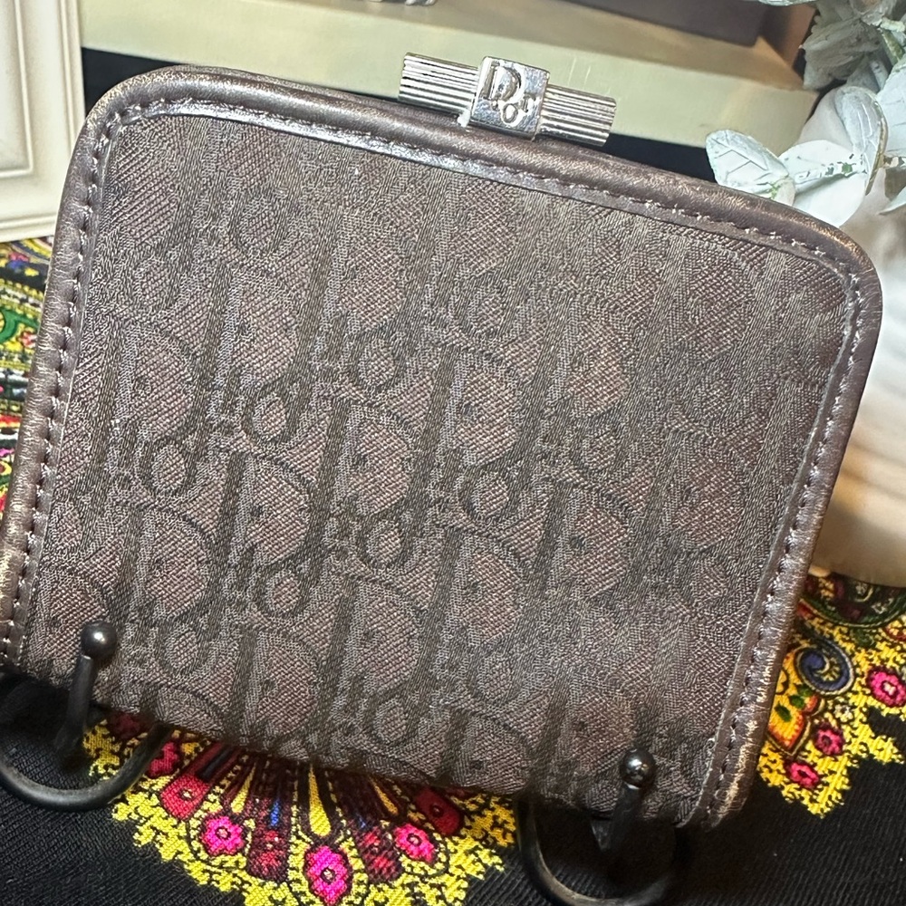 Christian Dior Vintage Brown trotter Leather and canvas clasp coin Wallet